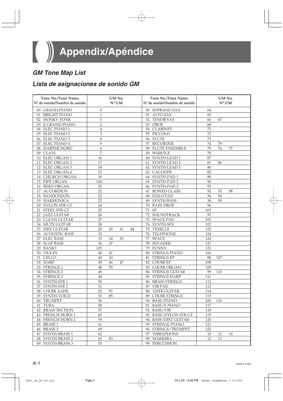 Appendix/apéndice | Casio LK-43 User Manual | Page 38 / 44