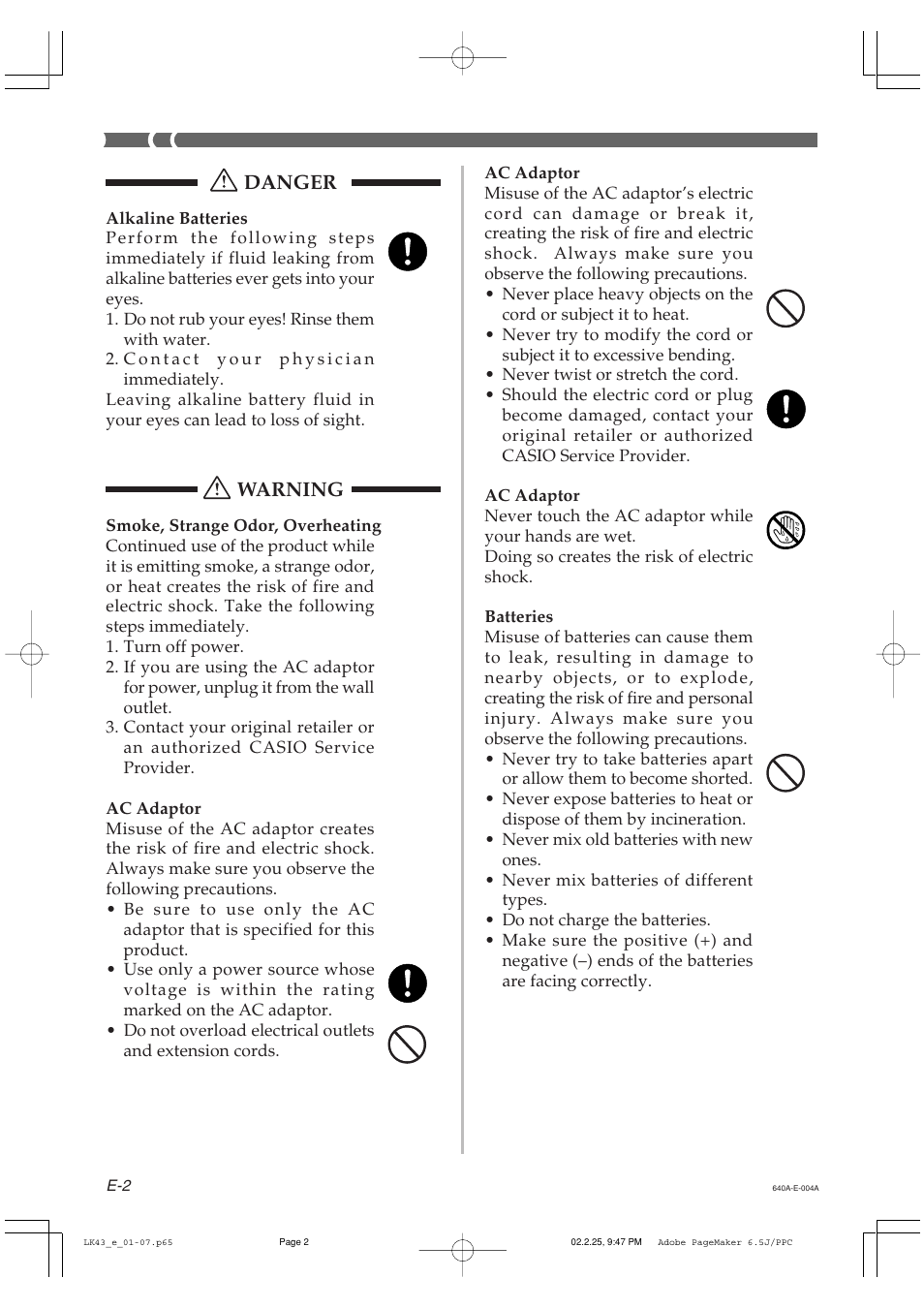 Danger, Warning | Casio LK-43 User Manual | Page 4 / 44