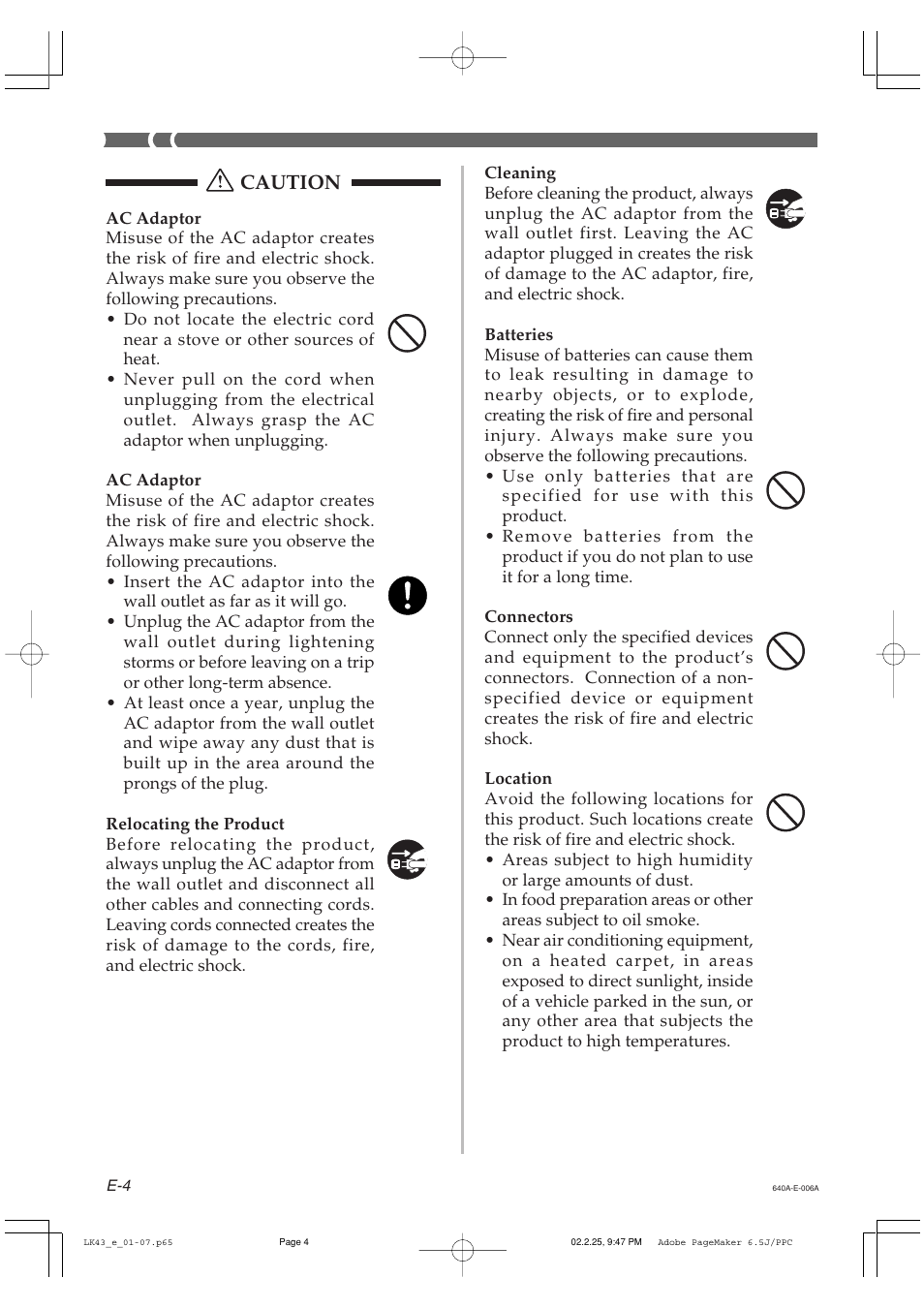 Caution | Casio LK-43 User Manual | Page 6 / 44