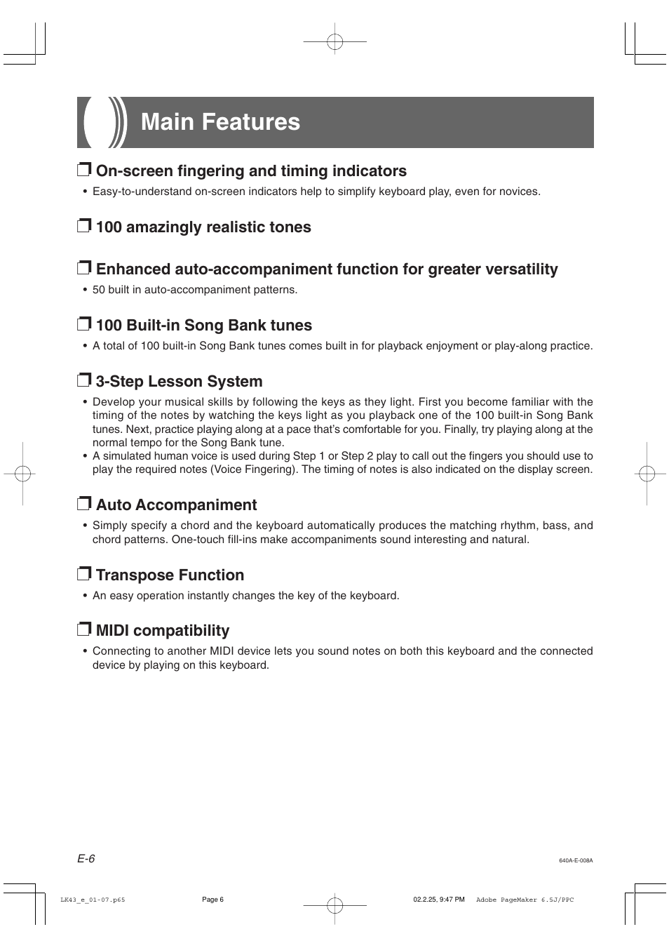 Main features | Casio LK-43 User Manual | Page 8 / 44