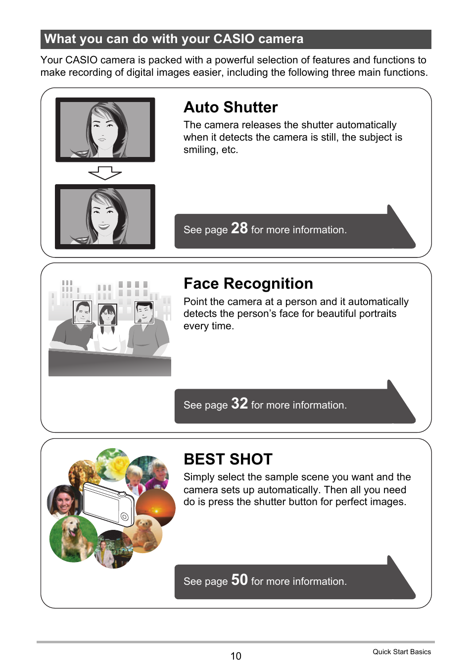 What you can do with your casio camera, Best shot, Face recognition | Auto shutter | Casio EXILIM EX Z 100 User Manual | Page 10 / 171
