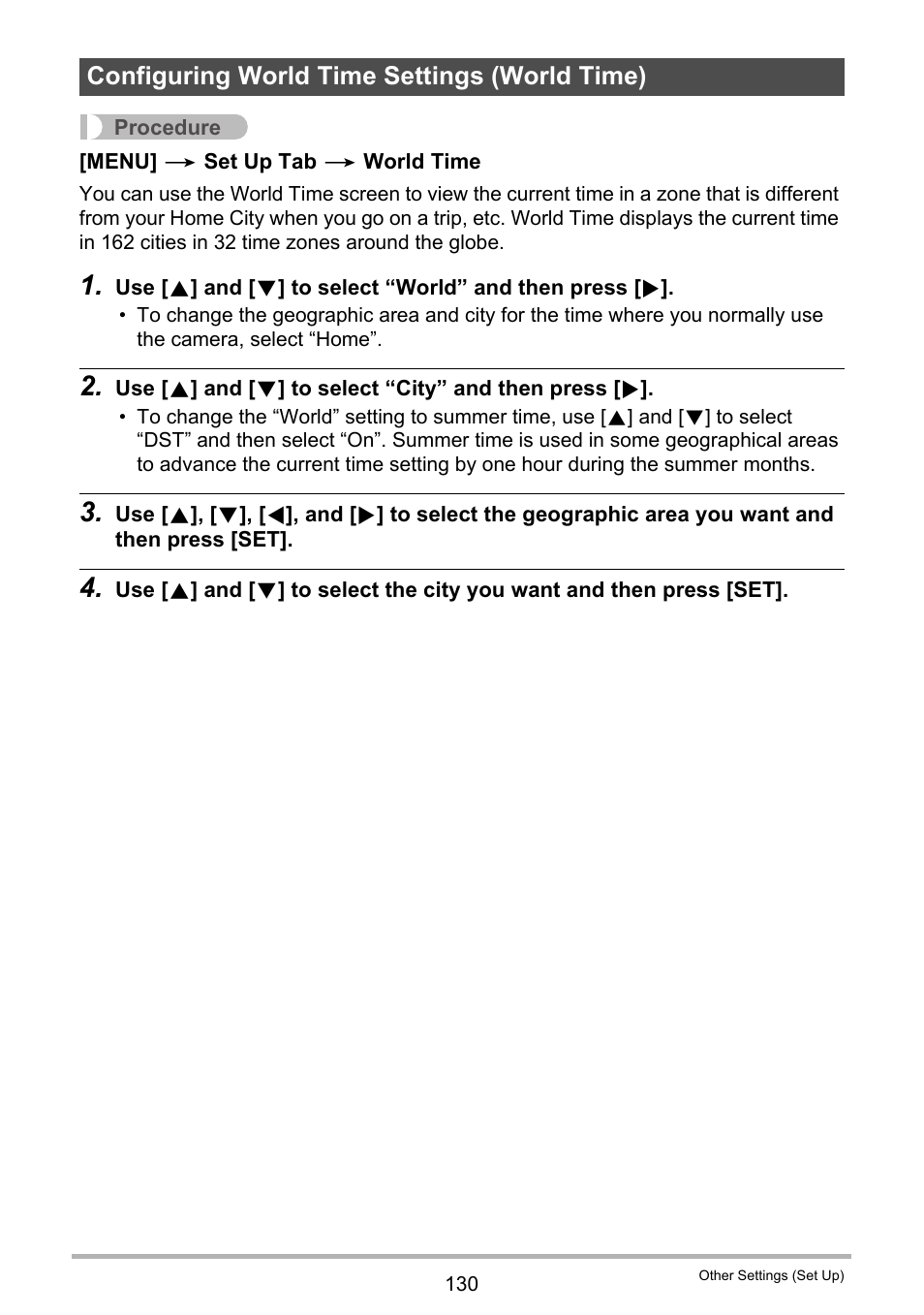 Configuring world time settings (world time) | Casio EXILIM EX Z 100 User Manual | Page 130 / 171