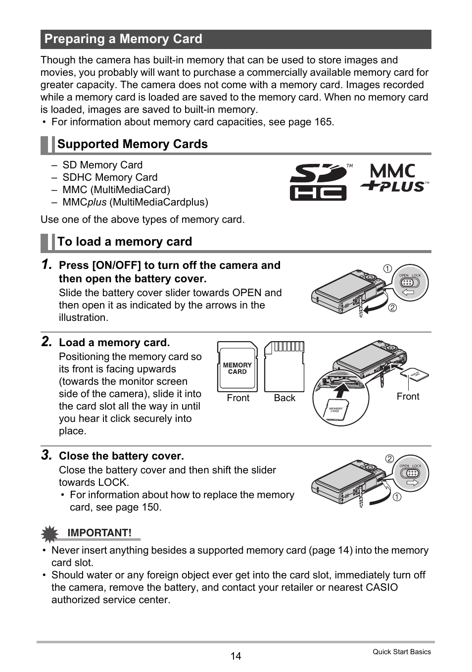 Preparing a memory card, Supported memory cards, To load a memory card | Casio EXILIM EX Z 100 User Manual | Page 14 / 171