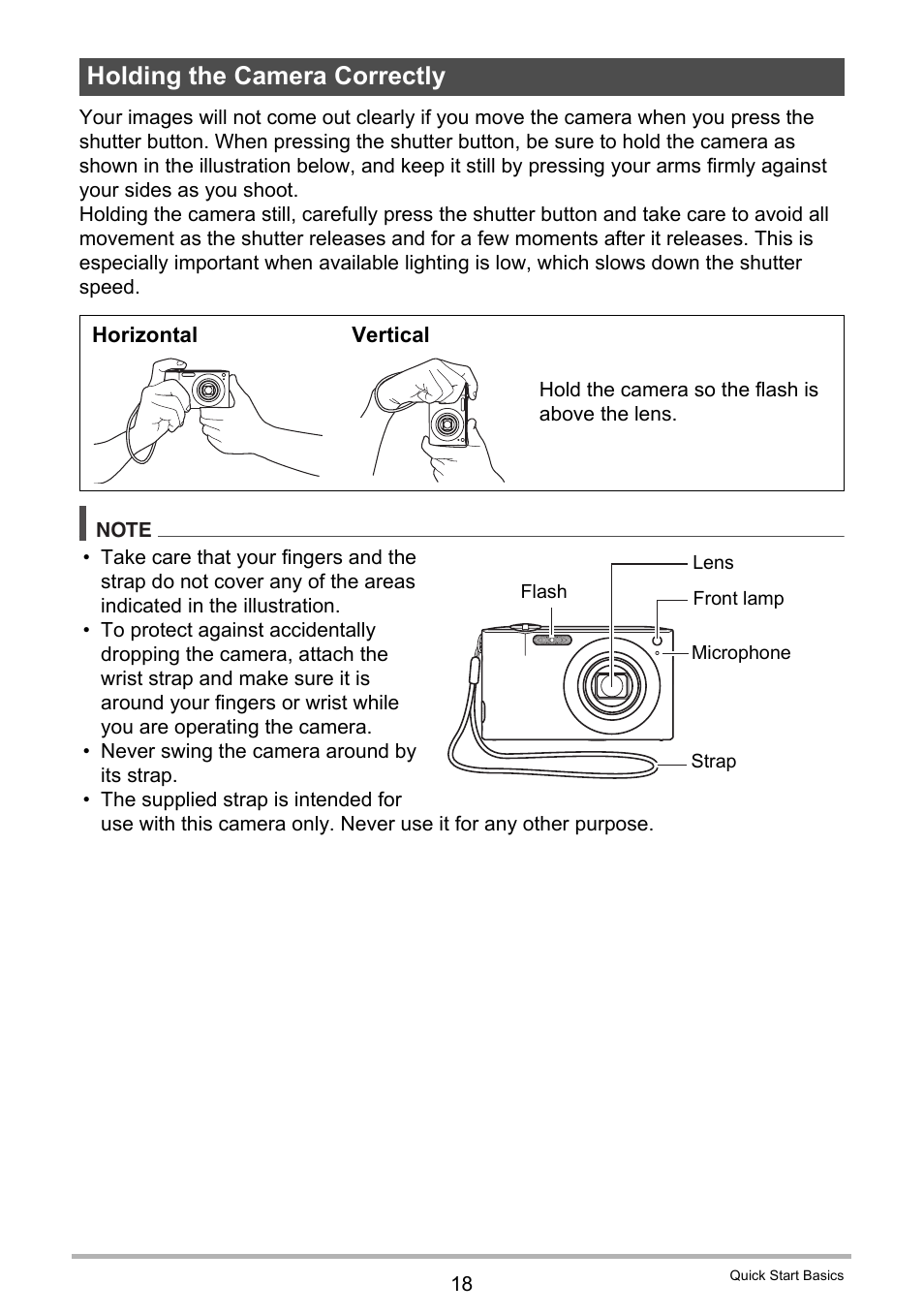 Holding the camera correctly | Casio EXILIM EX Z 100 User Manual | Page 18 / 171