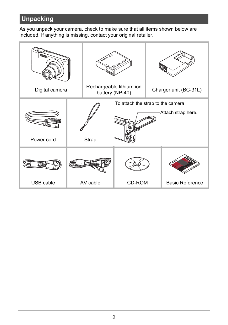 Unpacking | Casio EXILIM EX Z 100 User Manual | Page 2 / 171