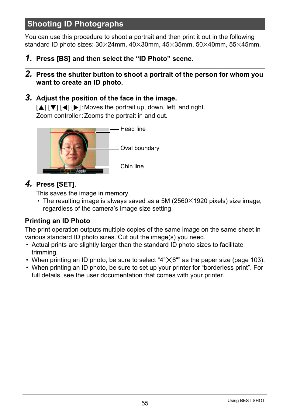 Shooting id photographs | Casio EXILIM EX Z 100 User Manual | Page 55 / 171