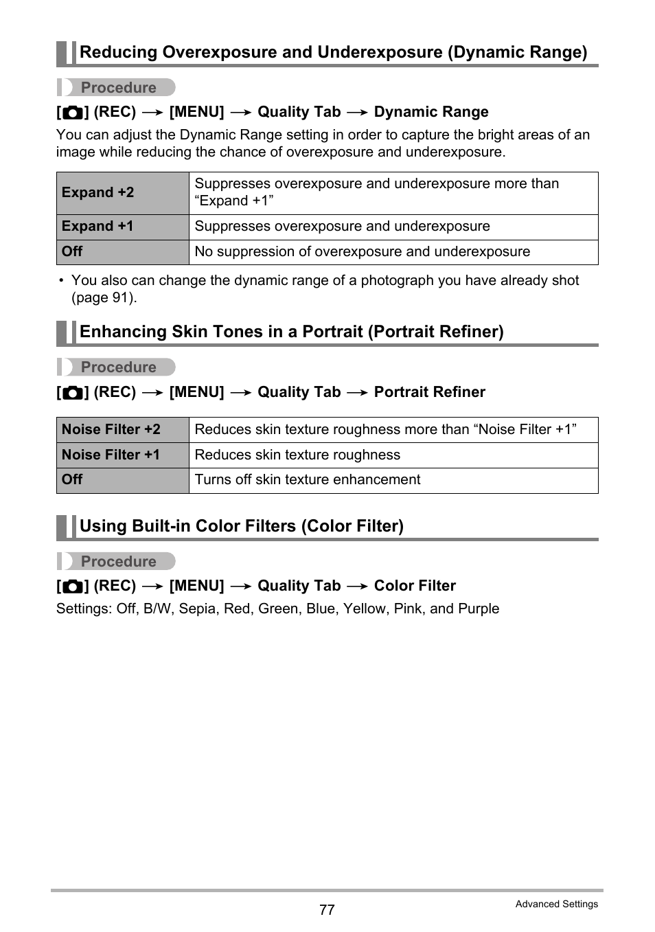 Using built-in color filters (color filter) | Casio EXILIM EX Z 100 User Manual | Page 77 / 171