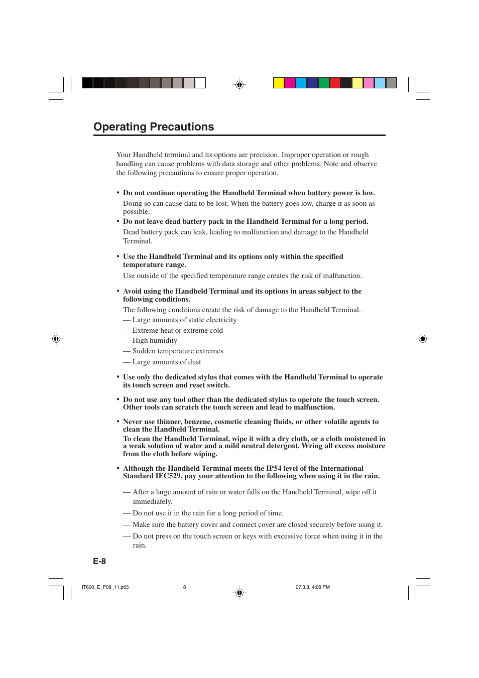 Operating precautions | Casio IT-600 User Manual | Page 10 / 57