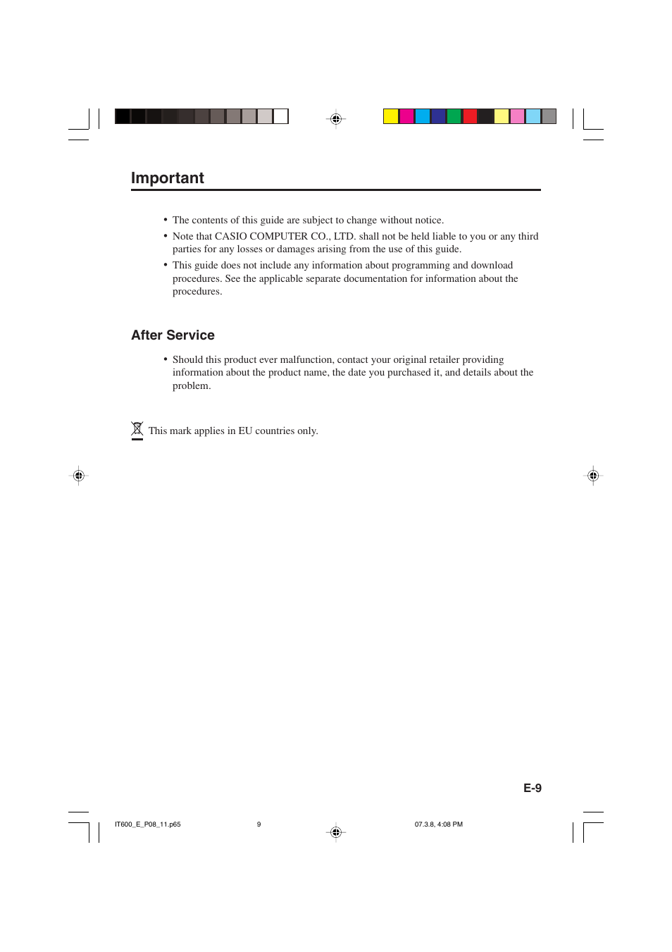 Important, After service | Casio IT-600 User Manual | Page 11 / 57