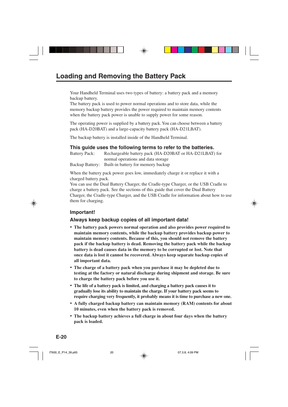 Loading and removing the battery pack | Casio IT-600 User Manual | Page 22 / 57