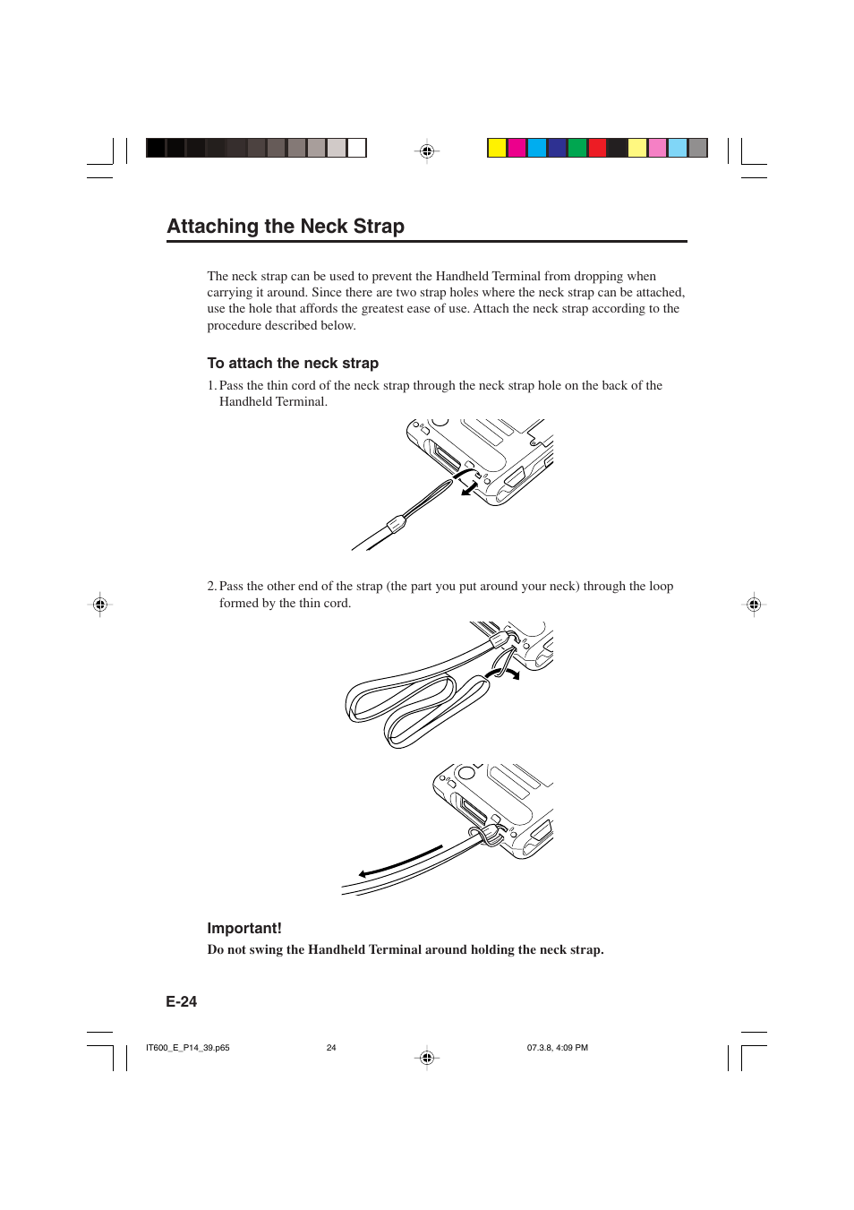 Attaching the neck strap | Casio IT-600 User Manual | Page 26 / 57