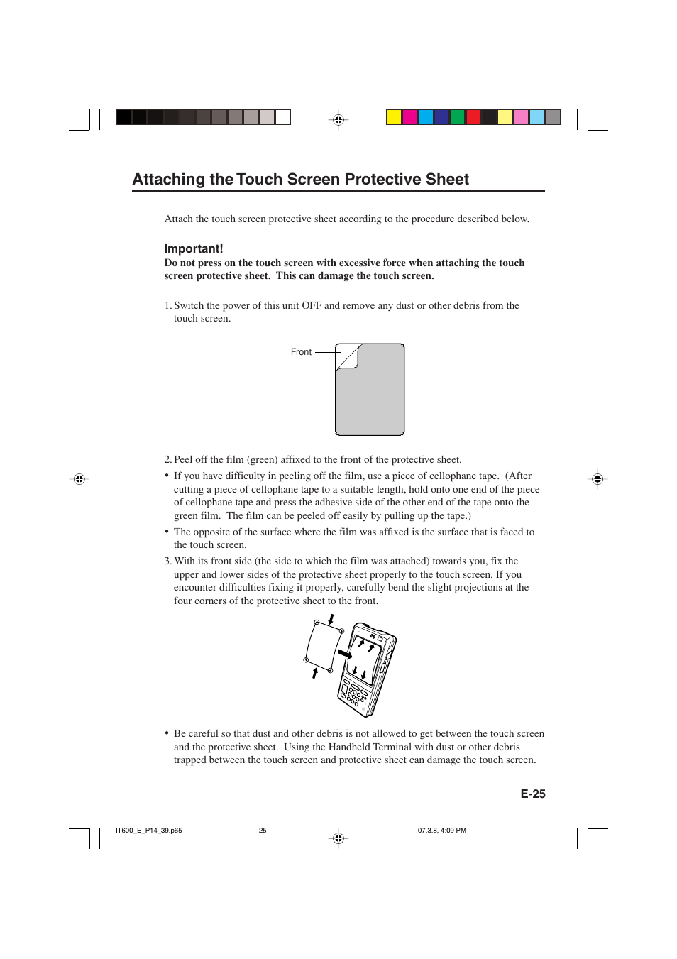 Attaching the touch screen protective sheet | Casio IT-600 User Manual | Page 27 / 57