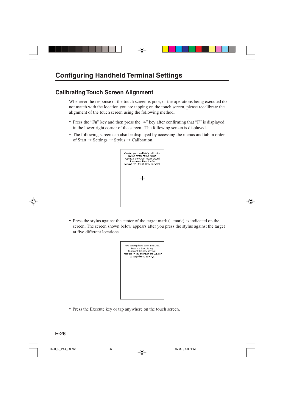 Configuring handheld terminal settings, Calibrating touch screen alignment | Casio IT-600 User Manual | Page 28 / 57