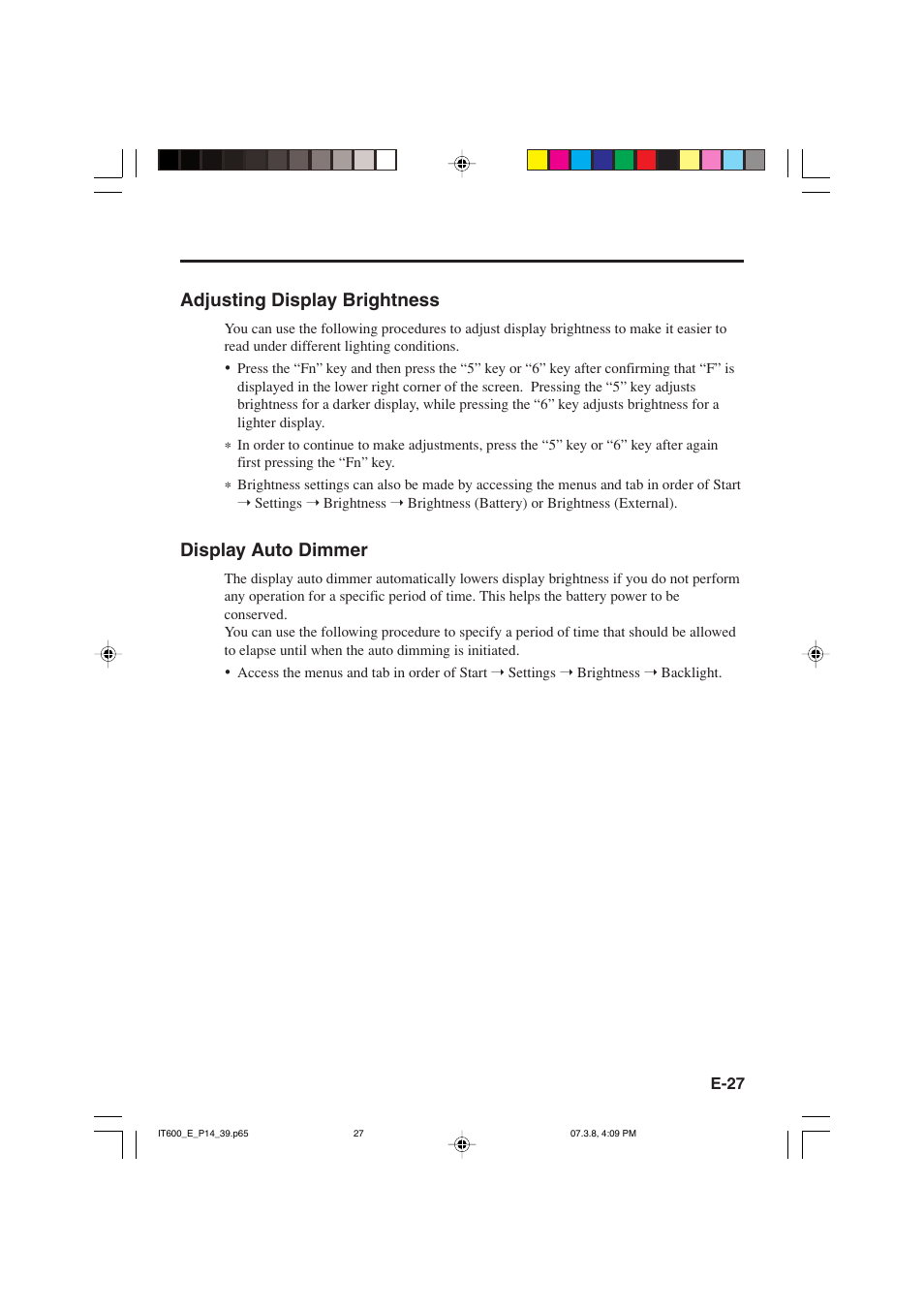 Adjusting display brightness, Display auto dimmer | Casio IT-600 User Manual | Page 29 / 57