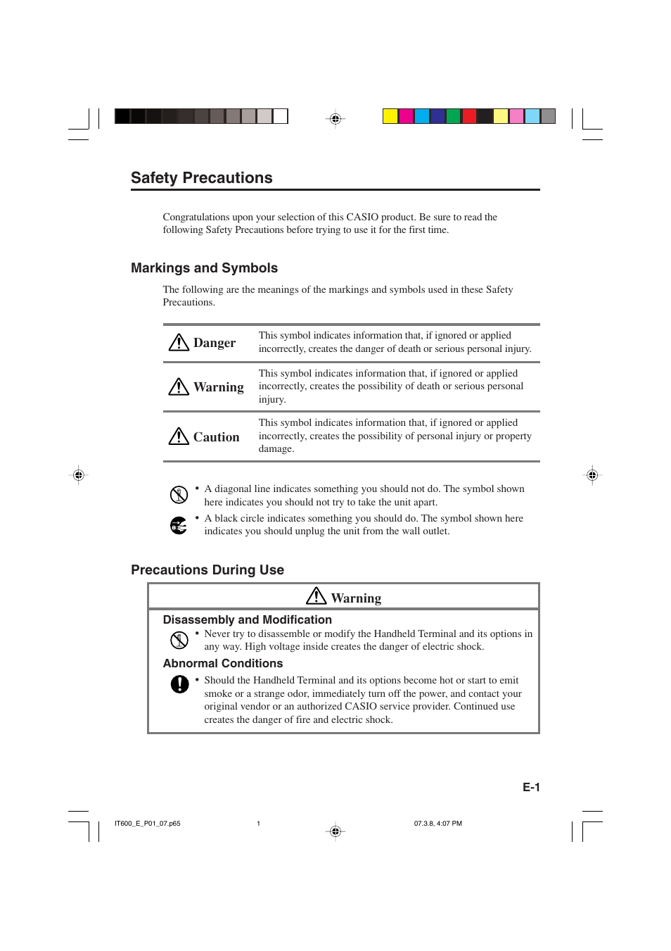 Safety precautions | Casio IT-600 User Manual | Page 3 / 57