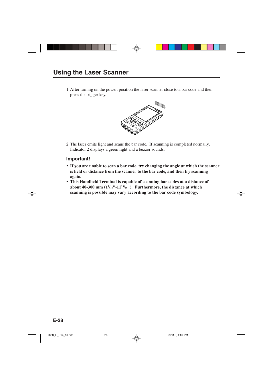 Using the laser scanner | Casio IT-600 User Manual | Page 30 / 57