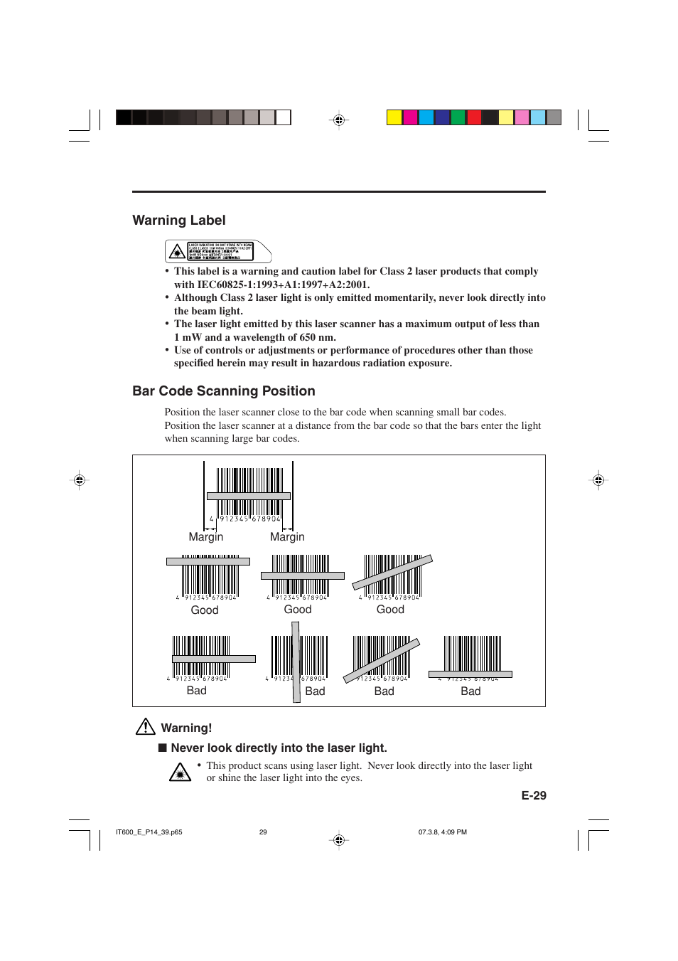 Warning label, Bar code scanning position | Casio IT-600 User Manual | Page 31 / 57