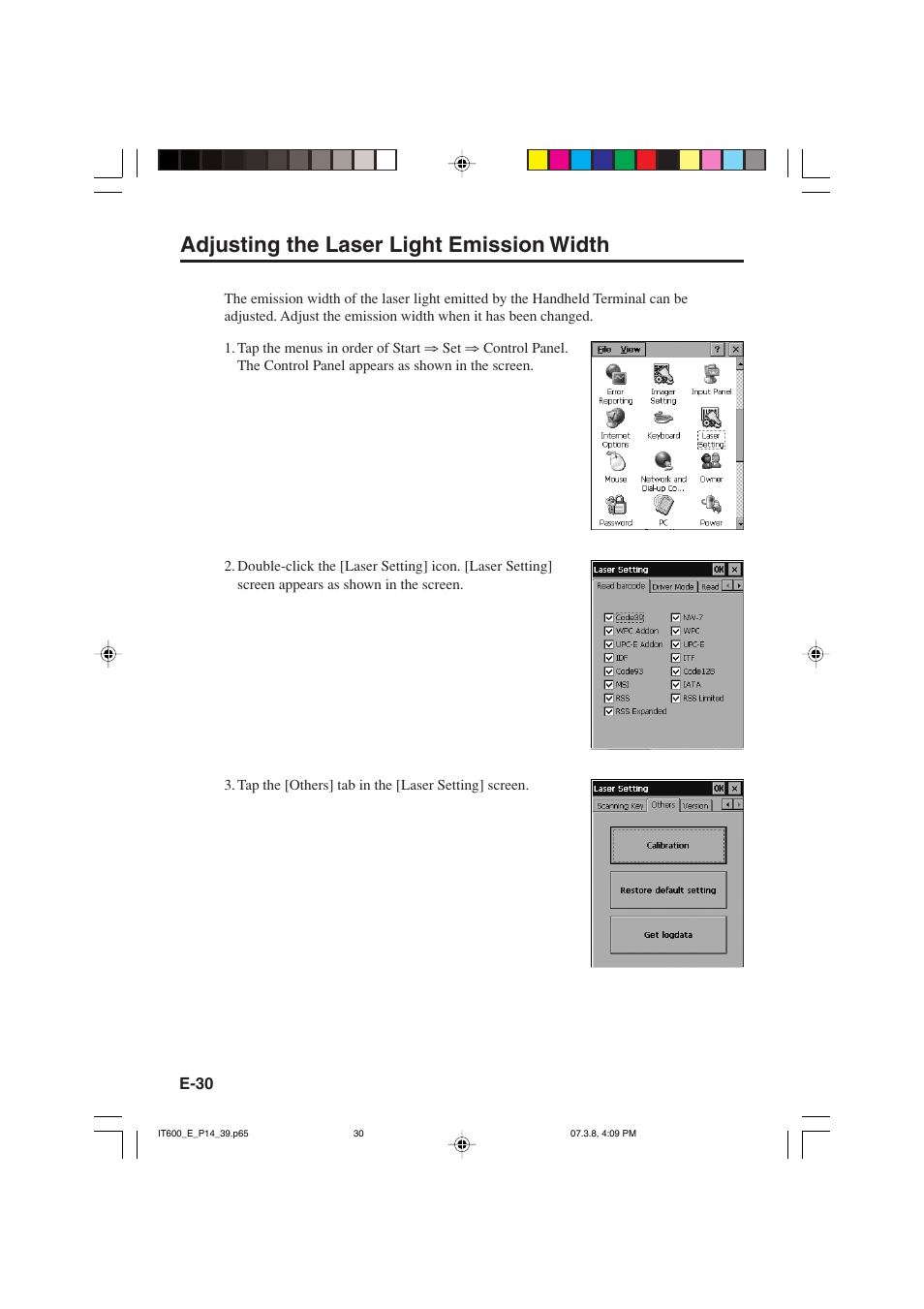 Adjusting the laser light emission width | Casio IT-600 User Manual | Page 32 / 57