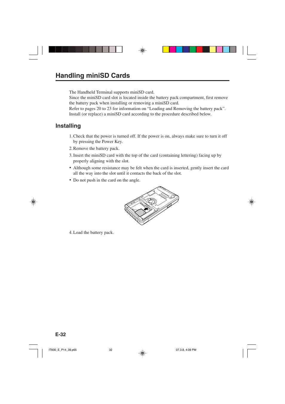 Handling minisd cards, Installing | Casio IT-600 User Manual | Page 34 / 57