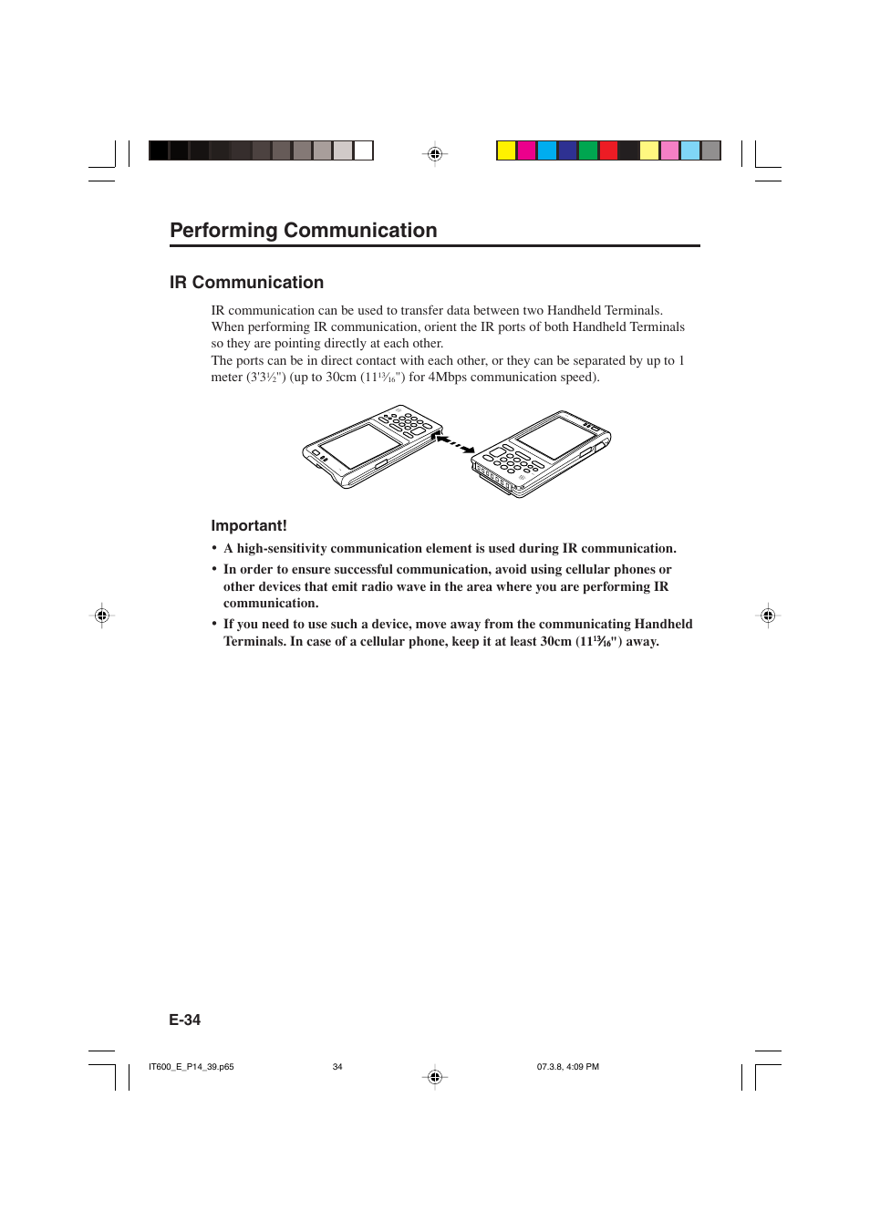 Performing communication, Ir communication, E-34 | Important | Casio IT-600 User Manual | Page 36 / 57