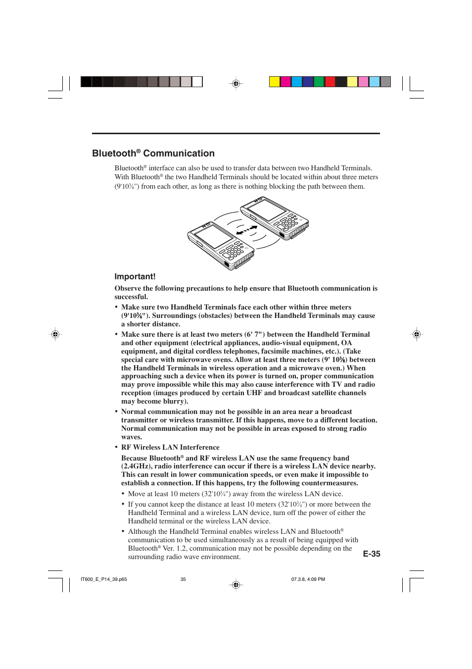 Bluetooth, Communication, E-35 | Important | Casio IT-600 User Manual | Page 37 / 57