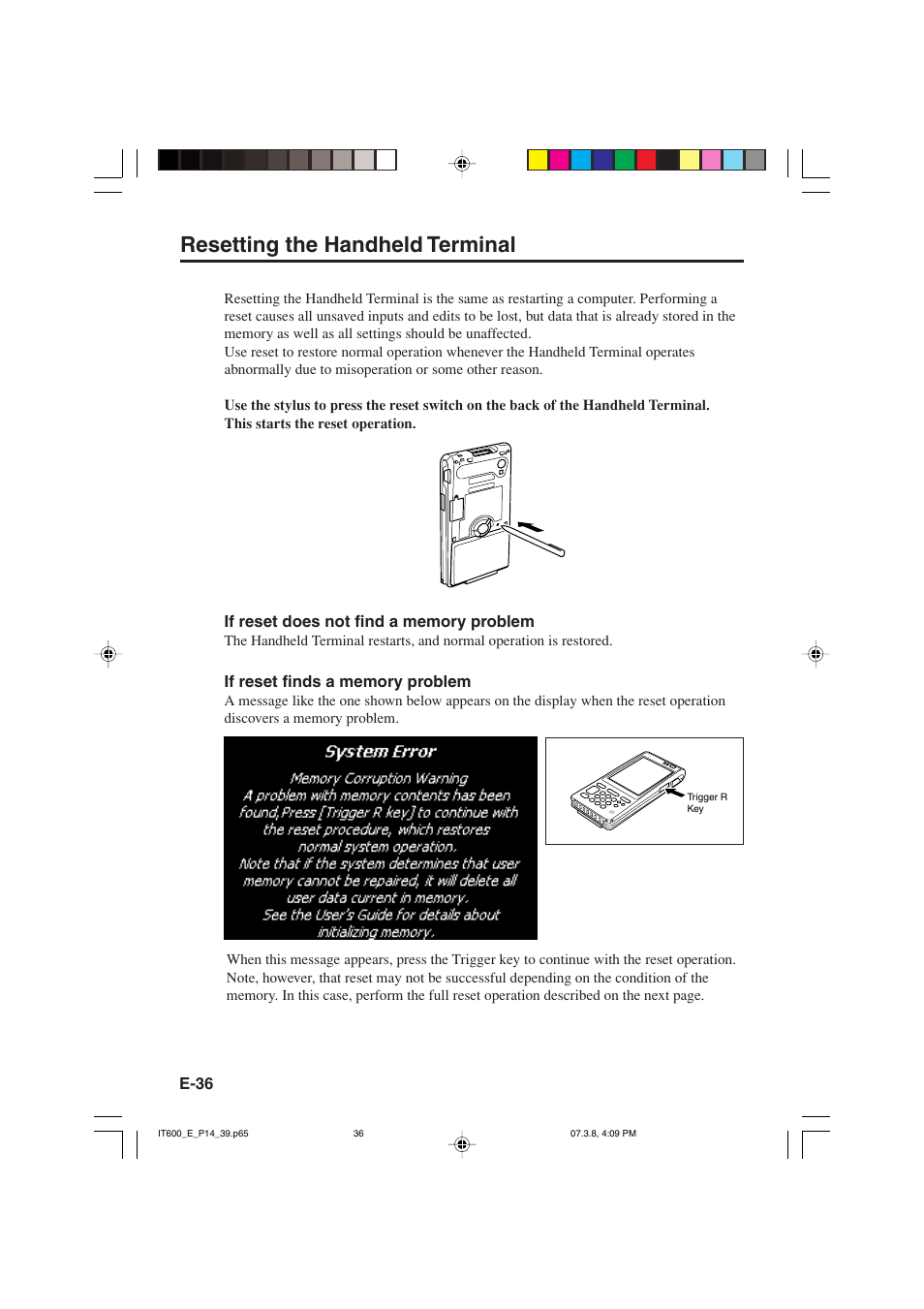 Resetting the handheld terminal | Casio IT-600 User Manual | Page 38 / 57