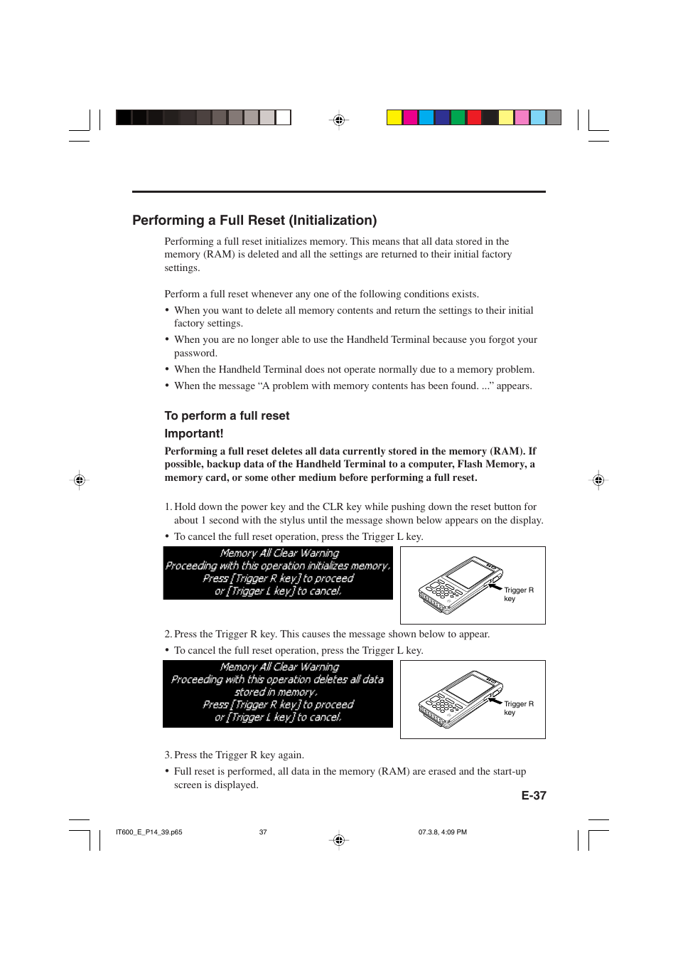 Performing a full reset (initialization) | Casio IT-600 User Manual | Page 39 / 57