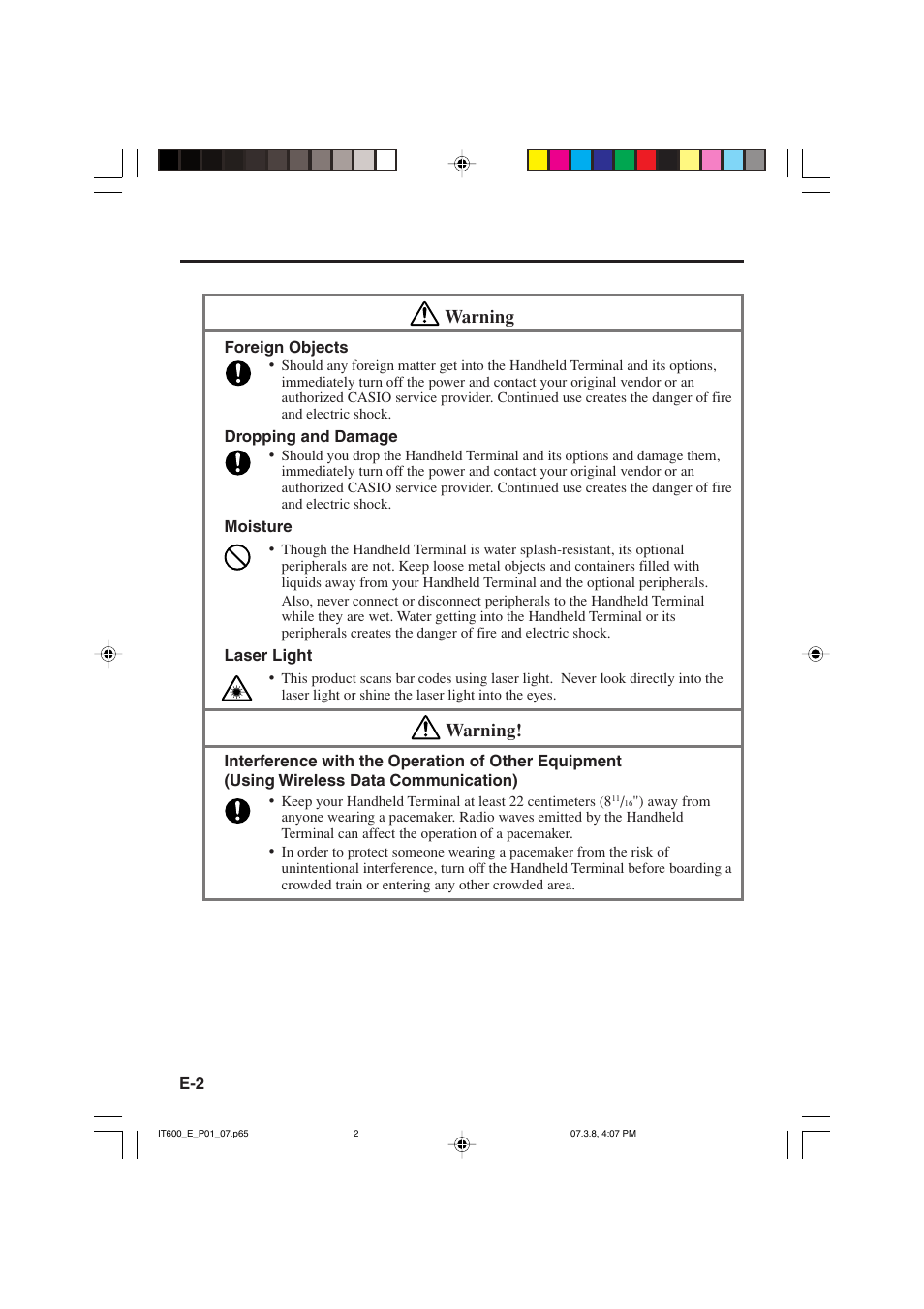 Warning | Casio IT-600 User Manual | Page 4 / 57