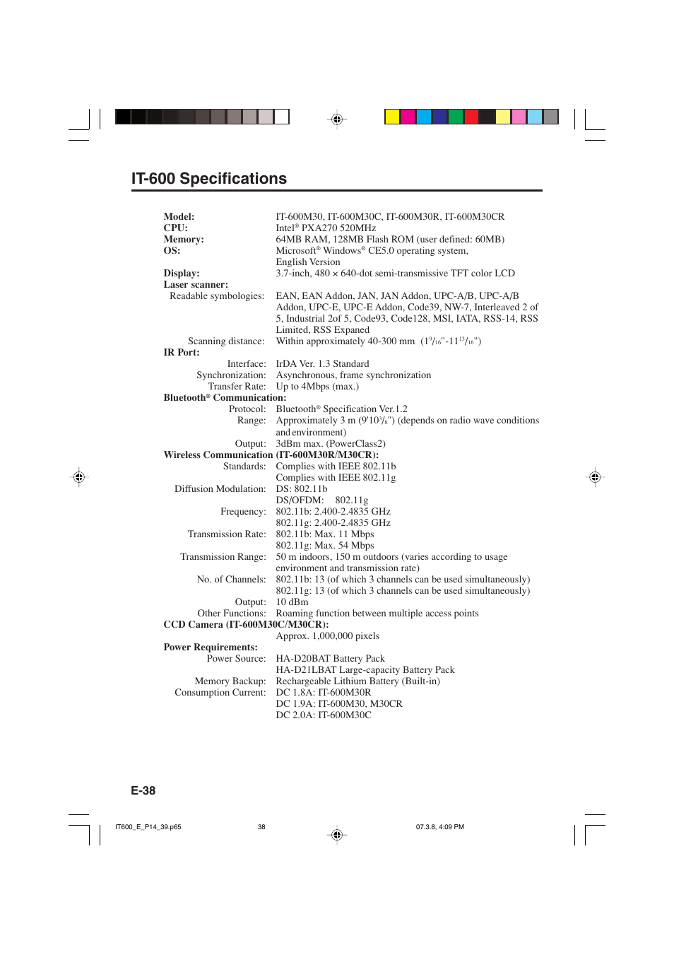 It-600 specifications | Casio IT-600 User Manual | Page 40 / 57