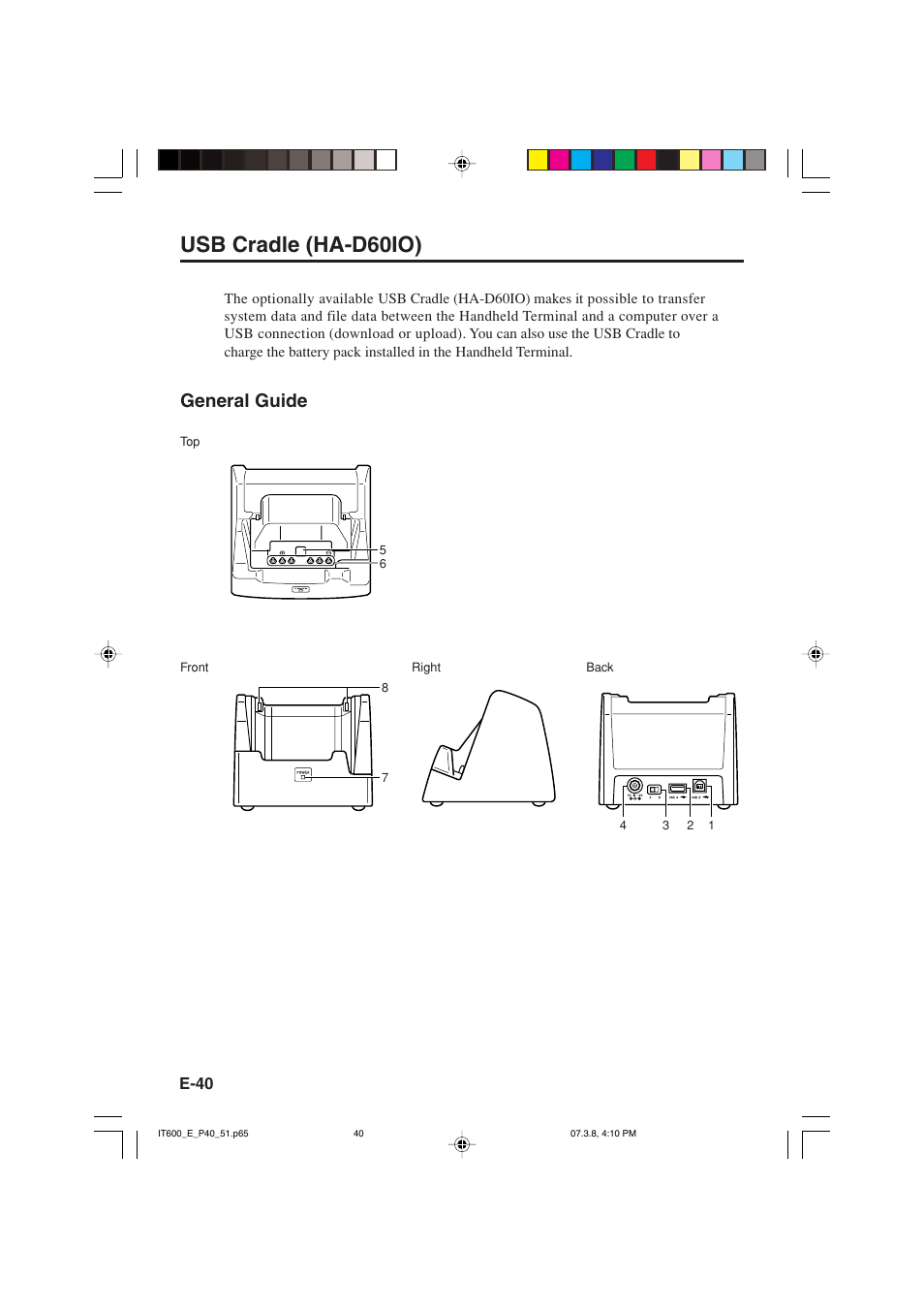 Usb cradle (ha-d60io), General guide | Casio IT-600 User Manual | Page 42 / 57