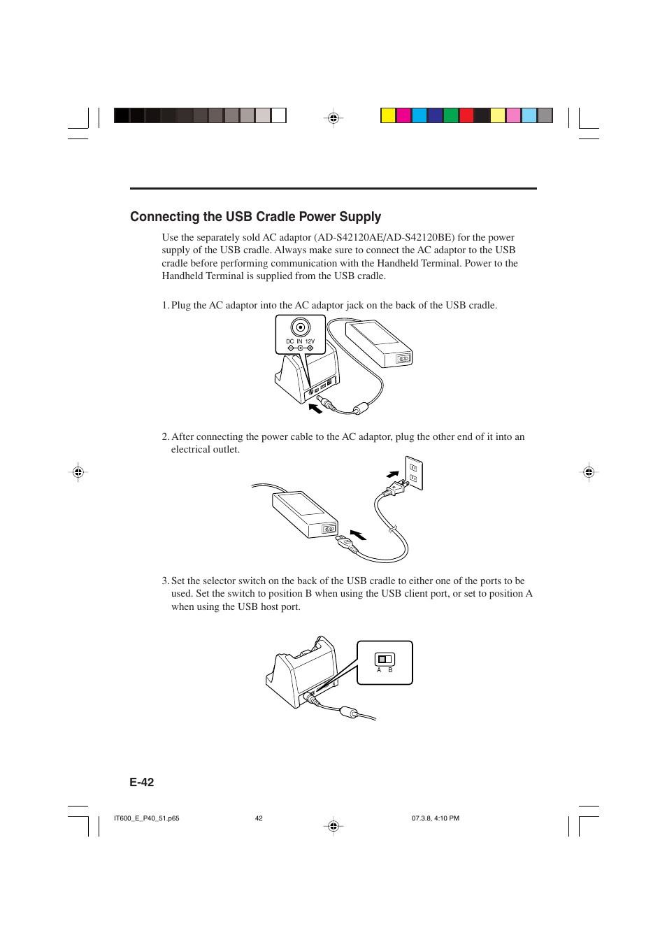 Connecting the usb cradle power supply | Casio IT-600 User Manual | Page 44 / 57