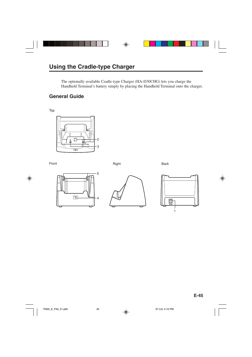 Using the cradle-type charger, General guide | Casio IT-600 User Manual | Page 47 / 57