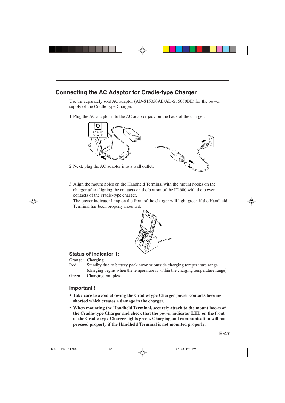 Connecting the ac adaptor for cradle-type charger | Casio IT-600 User Manual | Page 49 / 57