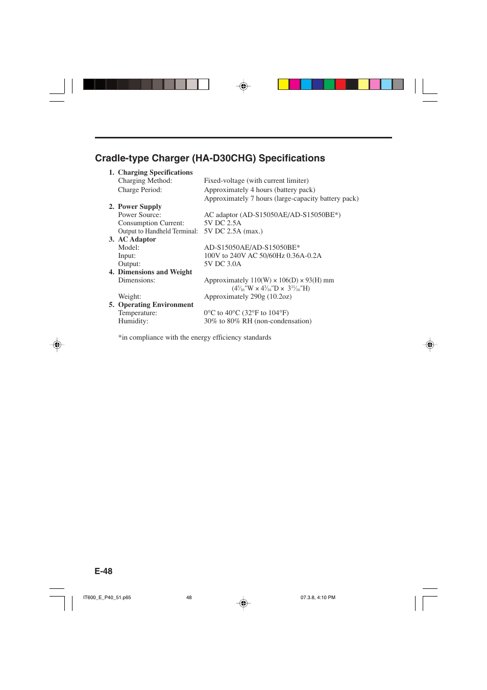 Cradle-type charger (ha-d30chg) specifications | Casio IT-600 User Manual | Page 50 / 57