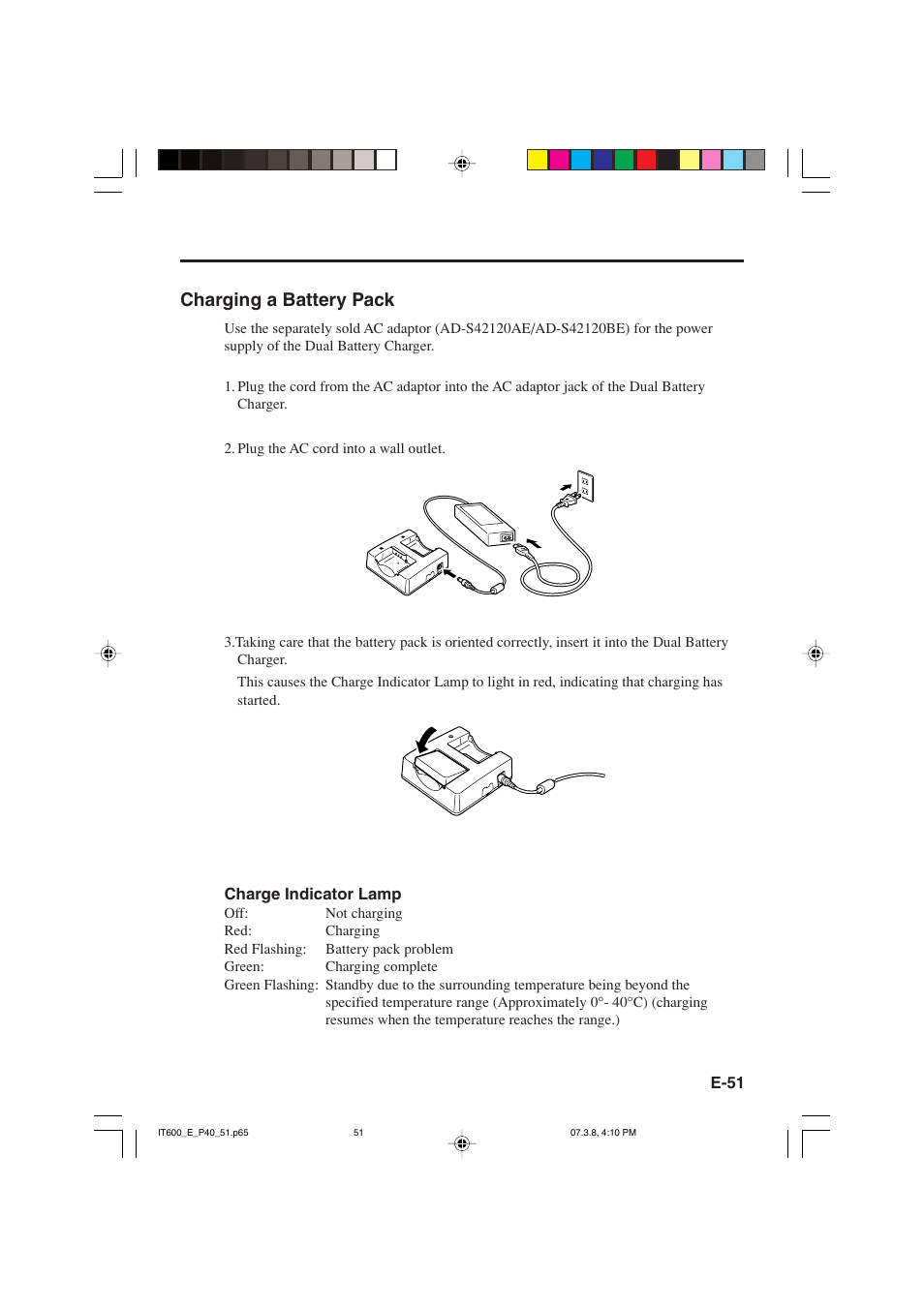 Charging a battery pack | Casio IT-600 User Manual | Page 53 / 57