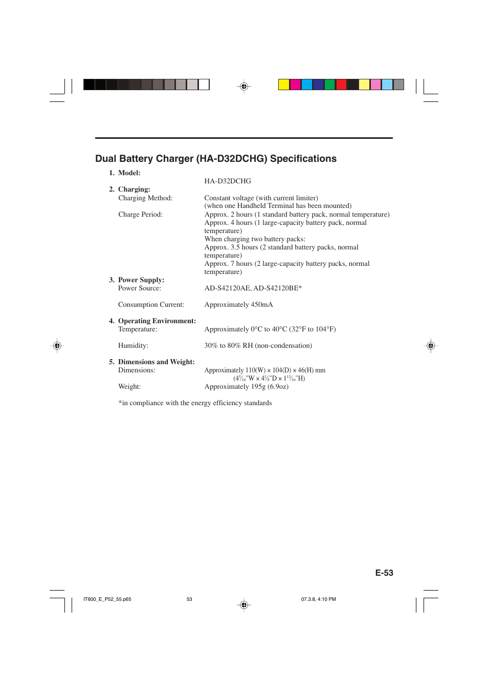 Dual battery charger (ha-d32dchg) specifications | Casio IT-600 User Manual | Page 55 / 57