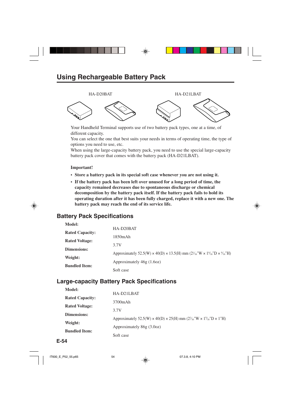 Using rechargeable battery pack, Battery pack specifications, Large-capacity battery pack specifications | Casio IT-600 User Manual | Page 56 / 57