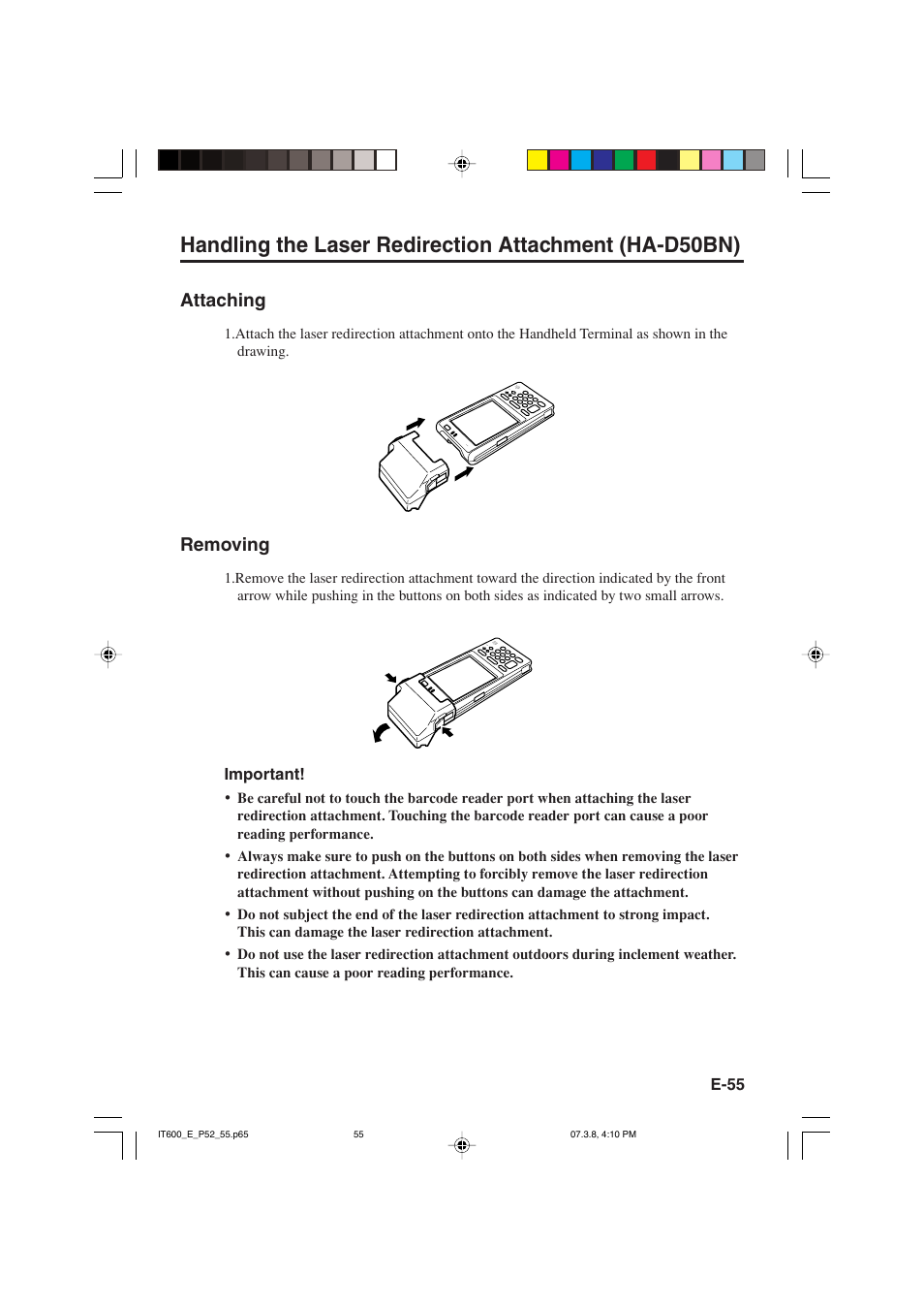 Attaching, Removing | Casio IT-600 User Manual | Page 57 / 57