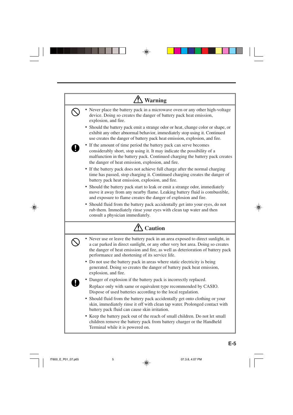 Warning, Caution | Casio IT-600 User Manual | Page 7 / 57