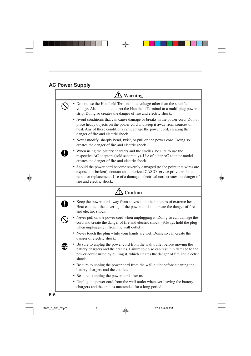 Ac power supply warning, Caution | Casio IT-600 User Manual | Page 8 / 57