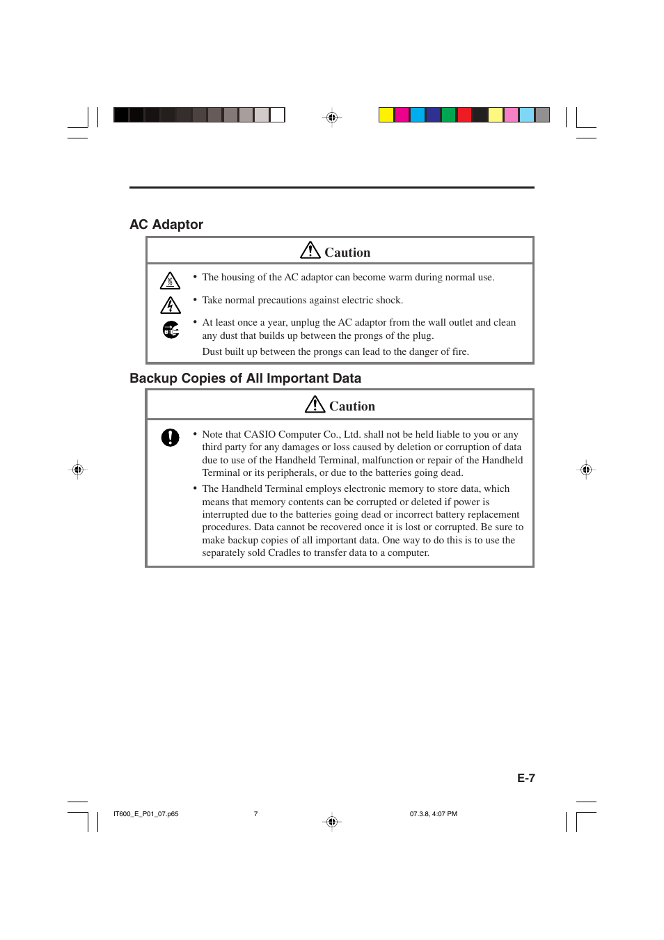 Ac adaptor caution, Backup copies of all important data caution | Casio IT-600 User Manual | Page 9 / 57