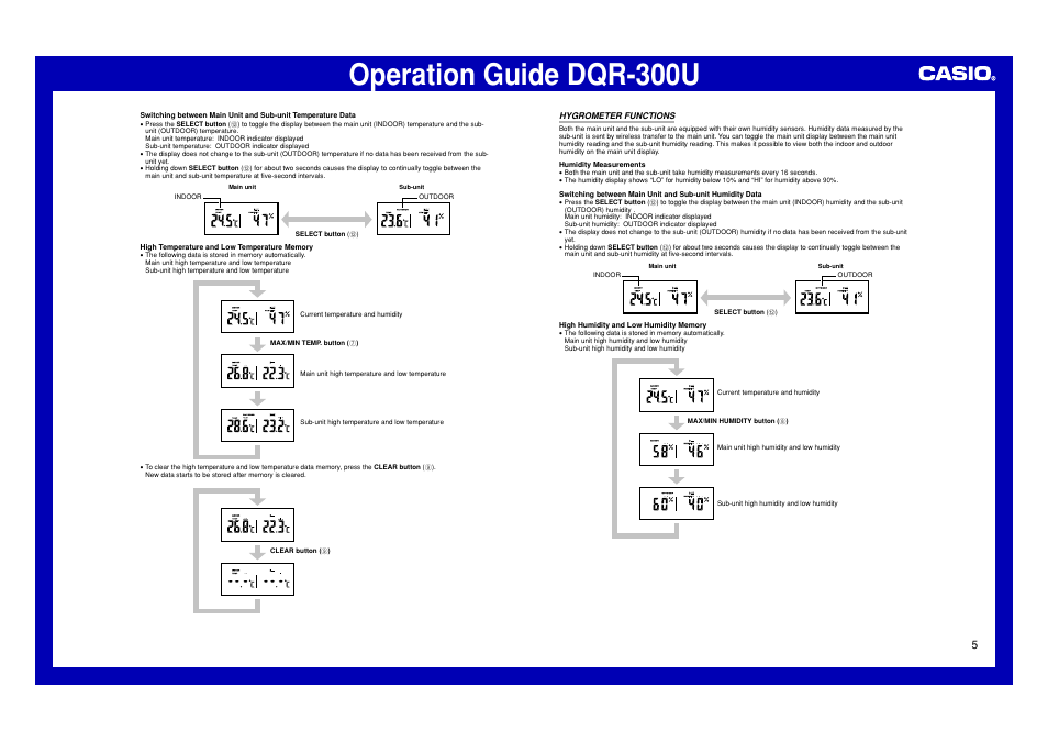 Hygrometer functions, Operation guide dqr-300u | Casio DQR-300U User Manual | Page 5 / 6