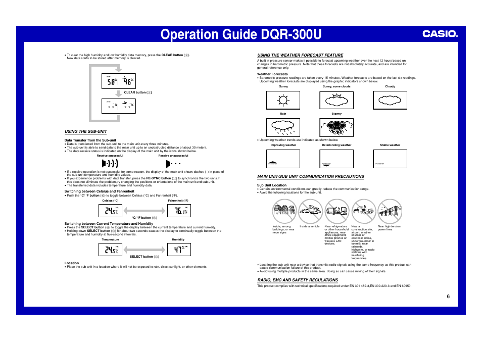 Using the sub-unit, Using the weather forecast feature, Main unit/sub unit communication precautions | Radio, emc and safety regulations, Operation guide dqr-300u | Casio DQR-300U User Manual | Page 6 / 6