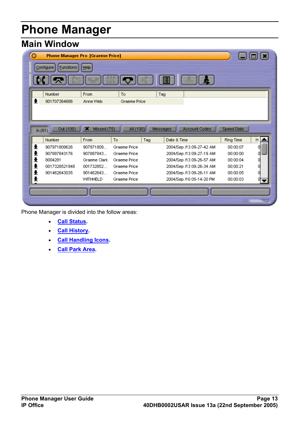 Phone manager, Main window | Avaya 40DHB0002USAR User Manual | Page 13 / 96