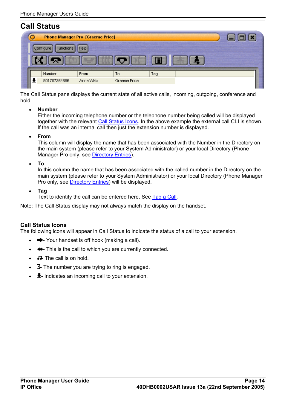 Call status, Call status icons | Avaya 40DHB0002USAR User Manual | Page 14 / 96