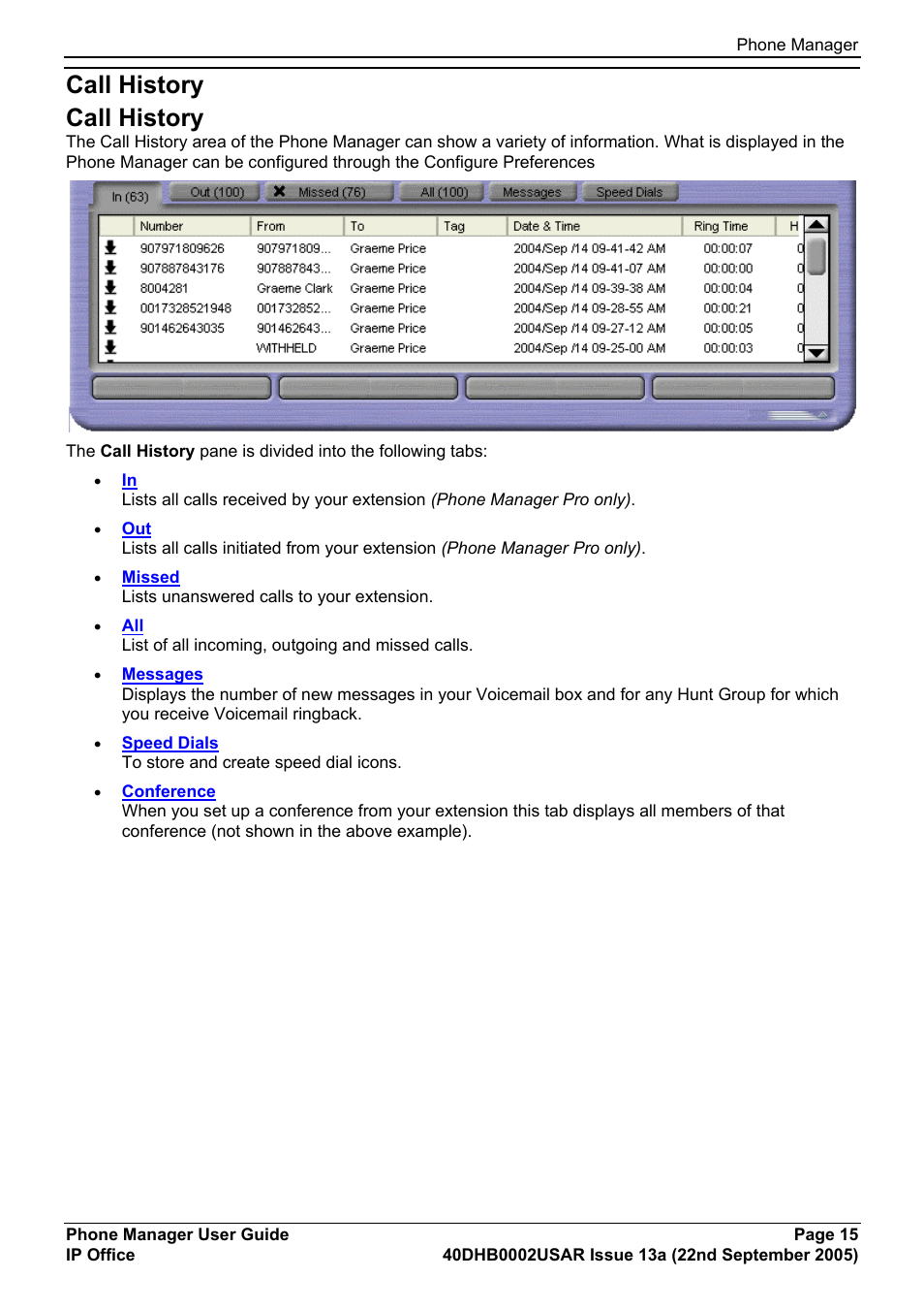 Call history, Call history call history | Avaya 40DHB0002USAR User Manual | Page 15 / 96