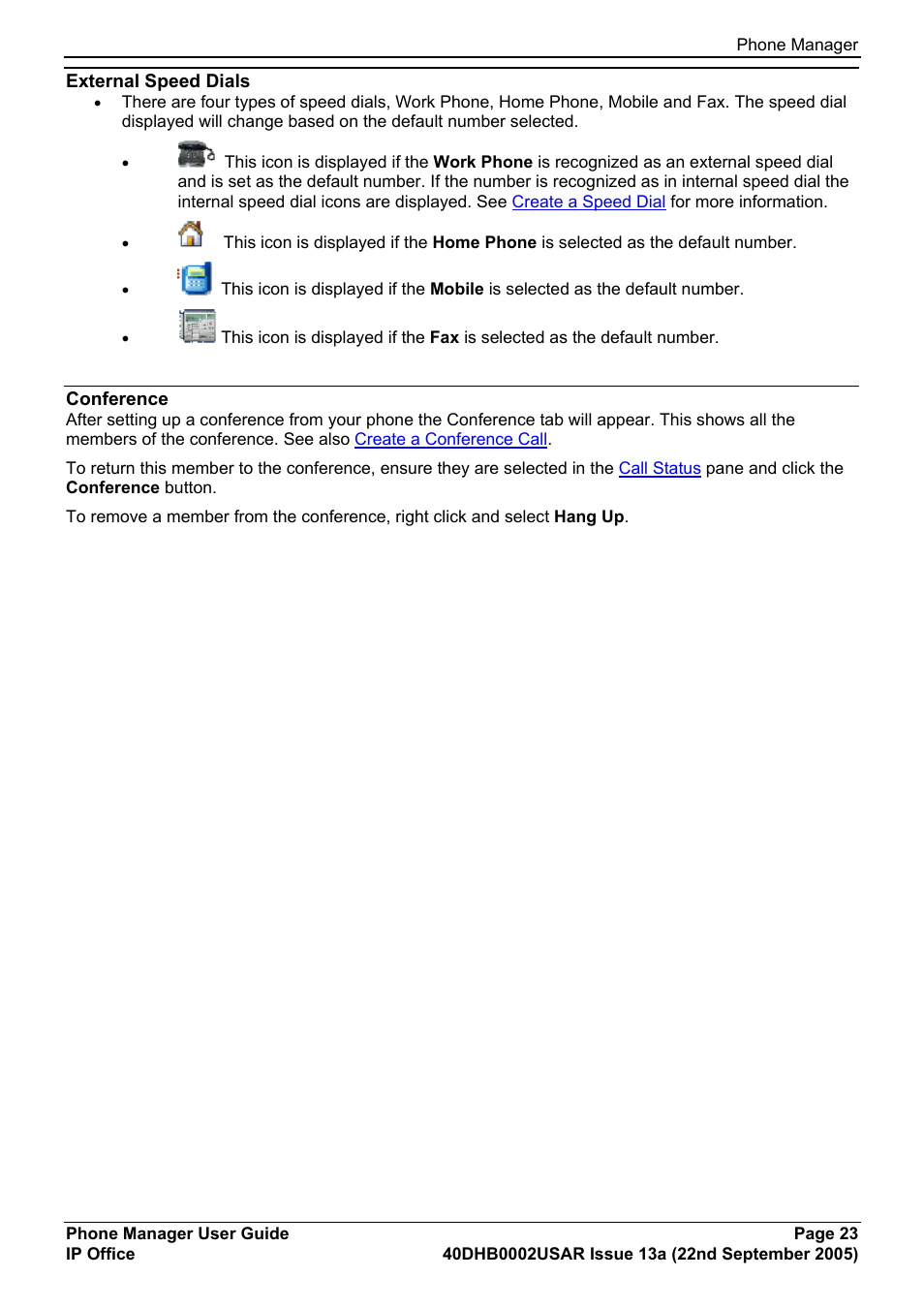 External speed dials, Conference | Avaya 40DHB0002USAR User Manual | Page 23 / 96