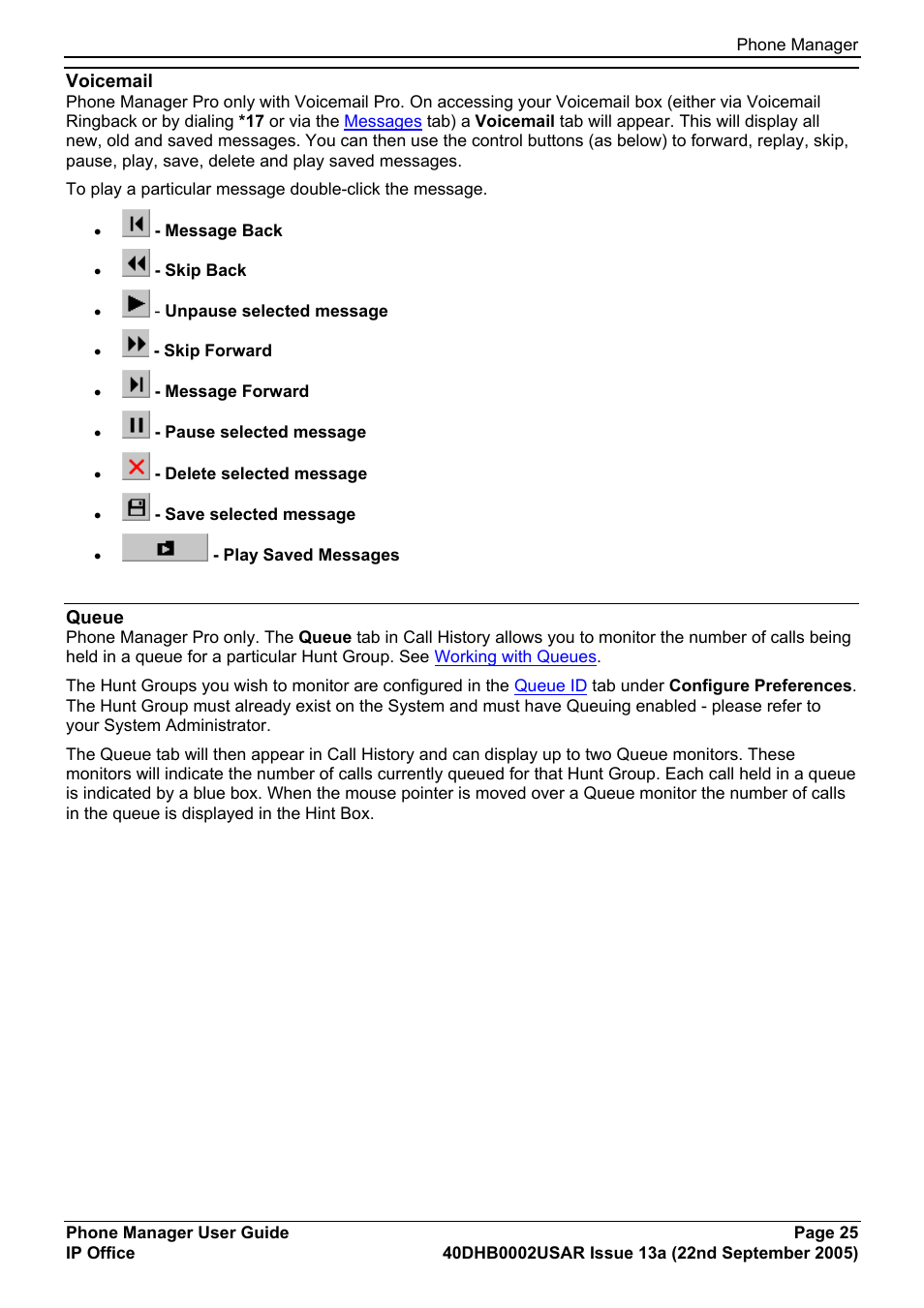 Voicemail, Queue | Avaya 40DHB0002USAR User Manual | Page 25 / 96