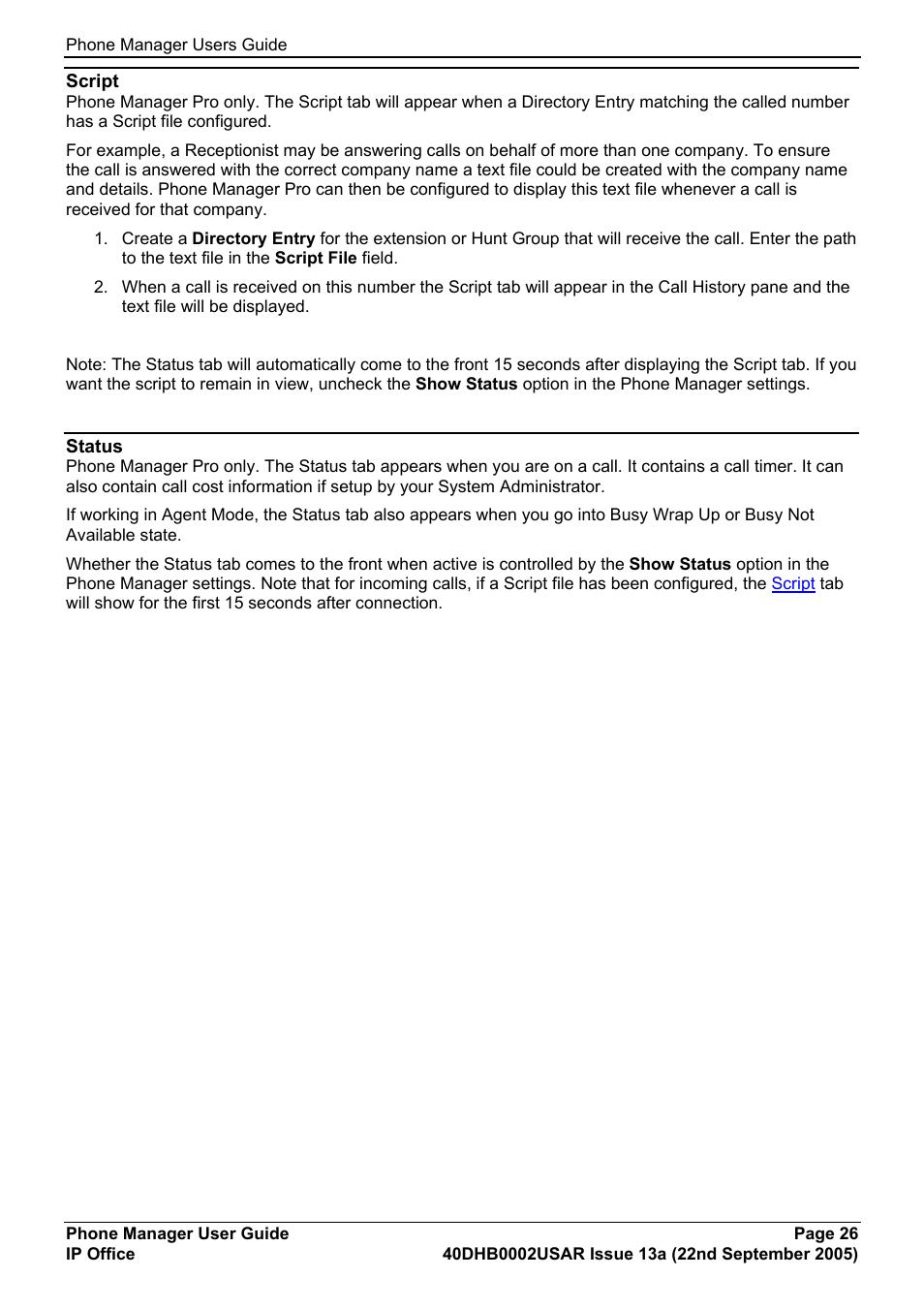 Script, Status | Avaya 40DHB0002USAR User Manual | Page 26 / 96