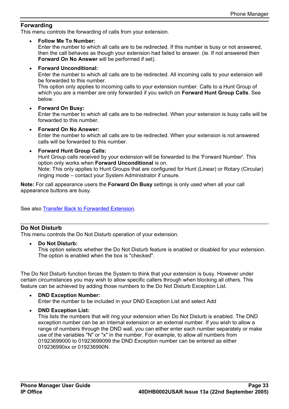 Forwarding, Do not disturb | Avaya 40DHB0002USAR User Manual | Page 33 / 96